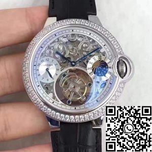 Replica Ballon Bleu De Cartier Tourbillon 1:1 Best Edition Swiss Tourbillon Diamonds bezel Black Leather Strap
